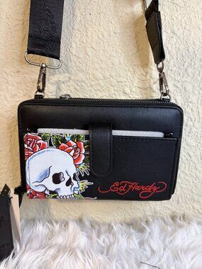 Ed Hardy Black Skull Rose Crossbody Wallet Phone Bag NWT